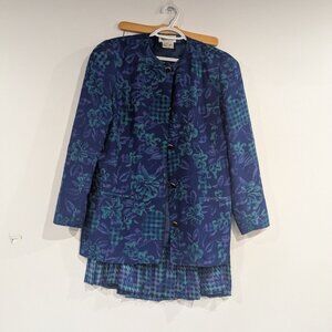 Encore 100% Silk Blazer and Skirt Set VINTAGE Blue Green Size 14